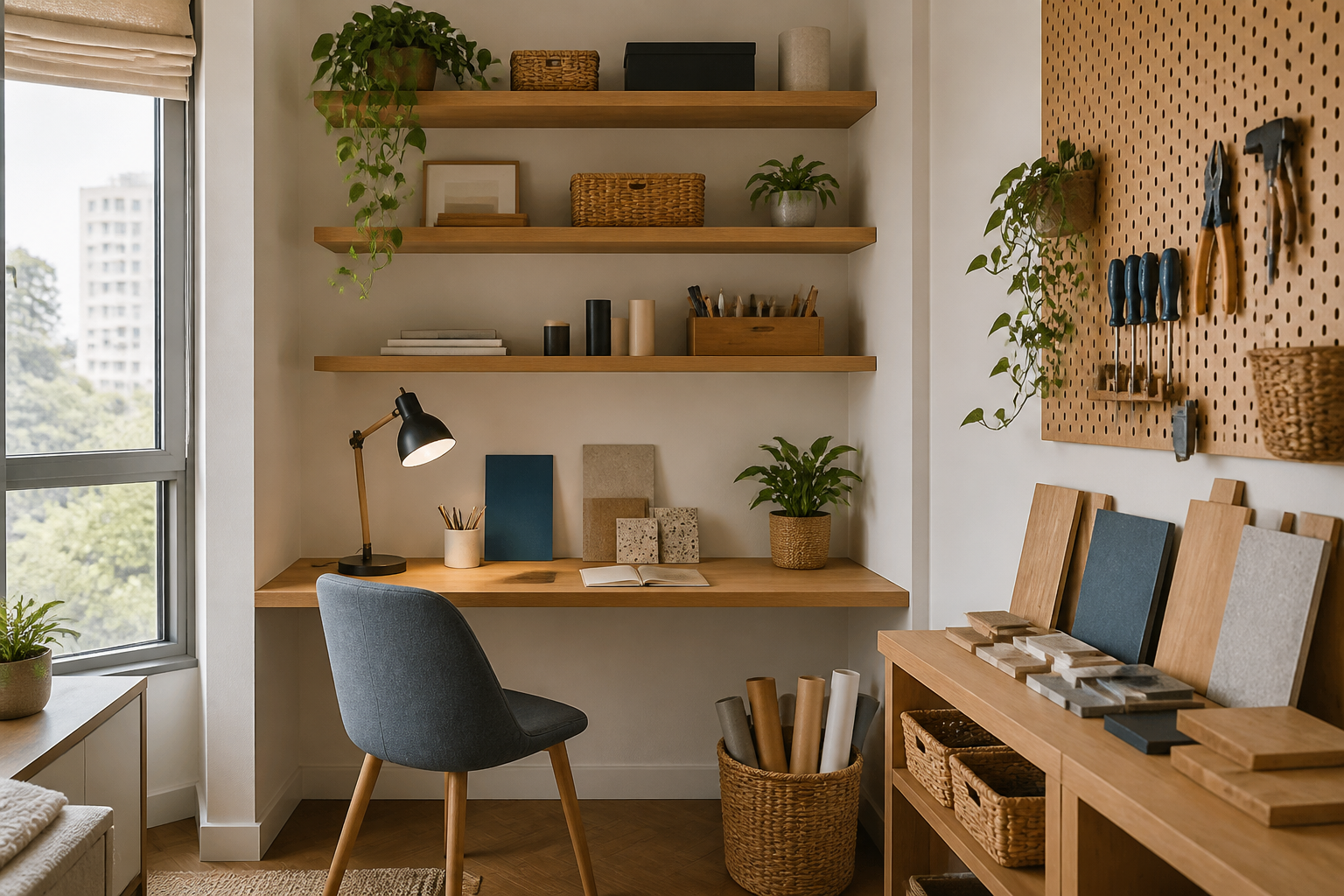Home office claro com prateleiras de madeira, ferramentas e plantas