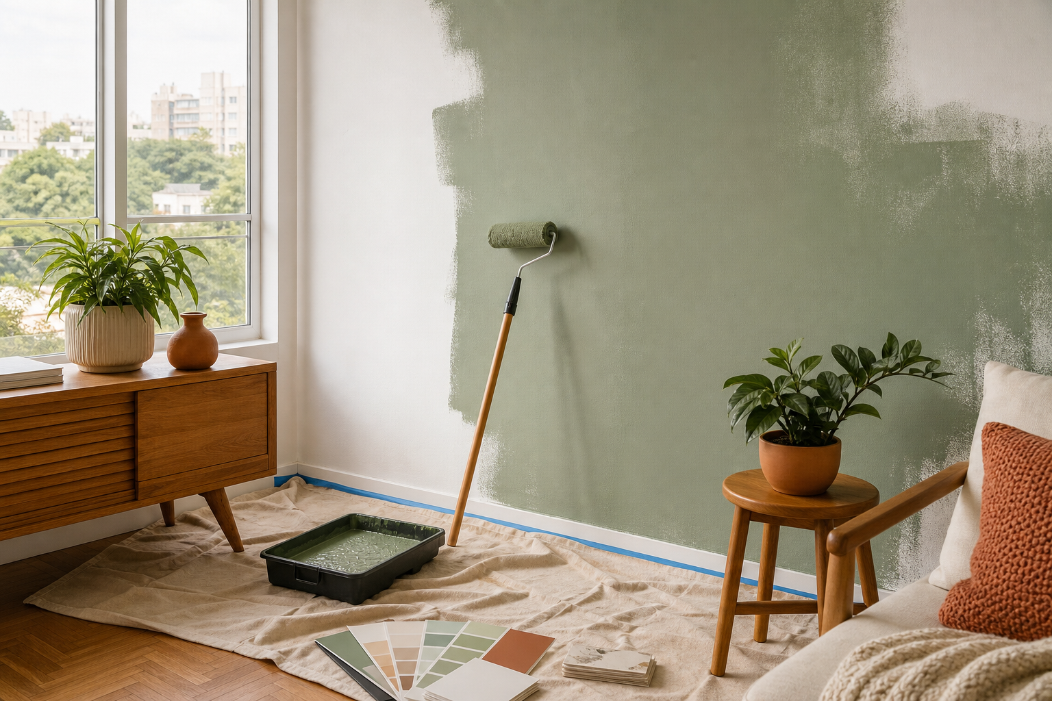 Sala compacta com parede verde sendo pintada e materiais de pintura organizados